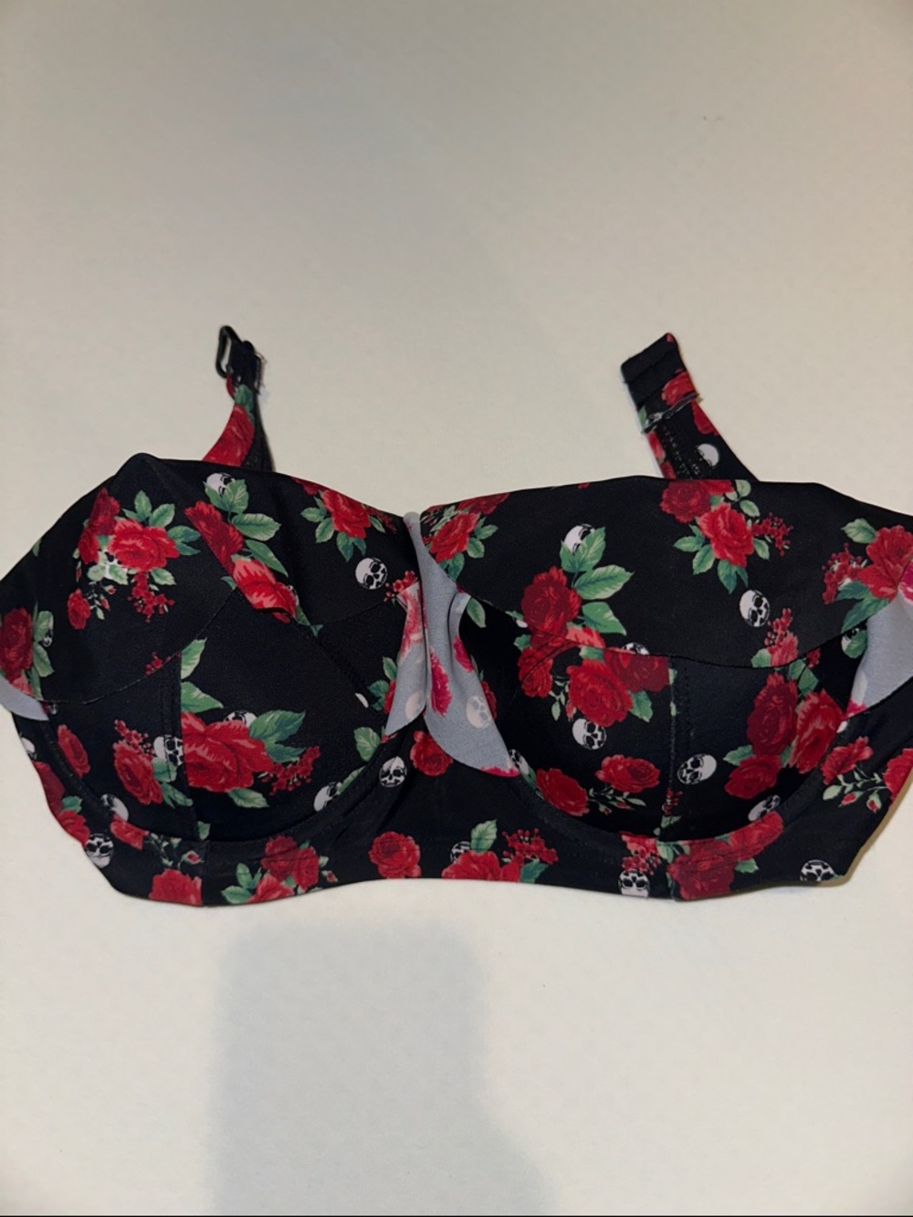 Floral & Skull Print Bikini Top in Black and Red